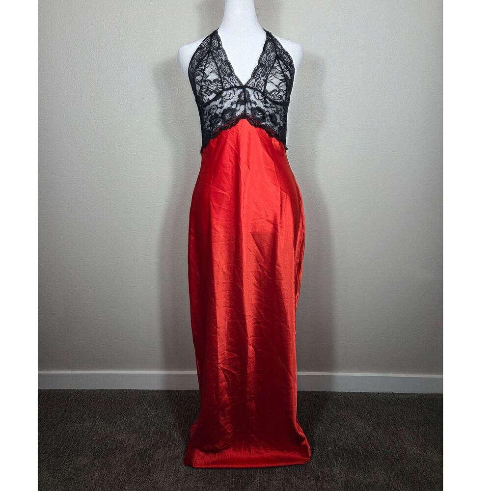 Elegant Moments Vintage Sexy Black Lace and Red Satin Nightgown Size Medium